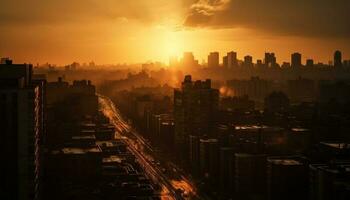 silhouet van stad horizon Bij schemering, verlichte gegenereerd door ai foto