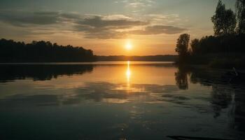 rustig zonsondergang reflectie Aan vredig Woud vijver gegenereerd door ai foto