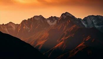 majestueus berg bereik, rustig zonsondergang silhouet tafereel gegenereerd door ai foto