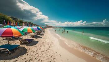 zonnen toeristen kom tot rust Aan rustig caraïben strand gegenereerd door ai foto