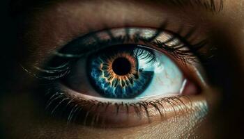 blauw ogen staren, dichtbij omhoog van menselijk iris gegenereerd door ai foto