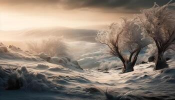 rustig zonsopkomst over- ijzig winter weide landschap gegenereerd door ai foto