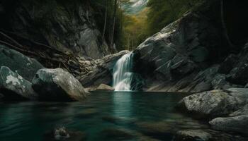 tropisch waterval trapsgewijs naar beneden majestueus groen berghelling gegenereerd door ai foto