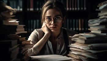 jong vrouw aan het studeren literatuur in bibliotheek portret gegenereerd door ai foto