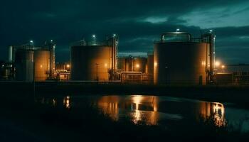 brandstof raffinaderij verlichte Bij nacht met pijpleidingen gegenereerd door ai foto
