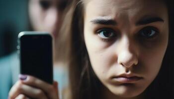 depressief jong vrouw tekst berichten Aan telefoon buitenshuis gegenereerd door ai foto