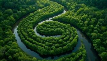 groen bomen en blauw vijver reflecteren zonlicht gegenereerd door ai foto