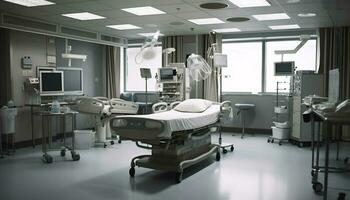 schoon ziekenhuis kamer met chirurgisch uitrusting verlichte gegenereerd door ai foto