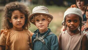 glimlachen kinderen staand buitenshuis genieten van natuur onschuld gegenereerd door ai foto