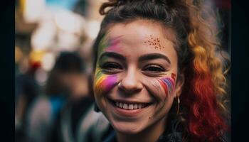 een jong vrouw glimlachen met kleurrijk gezicht verf gegenereerd door ai foto