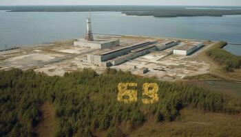 antenne visie van industrieel verontreiniging in de buurt kustlijn gegenereerd door ai foto