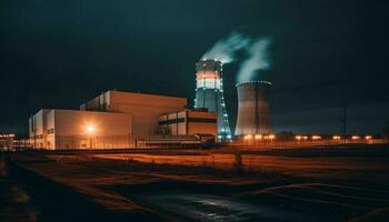 nacht fabriek verlicht lucht, rook vervuilt natuur gegenereerd door ai foto