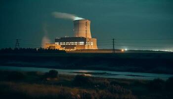 zonsondergang silhouetten gebouwd structuur, elektriciteit geleverde door steenkool gegenereerd door ai foto