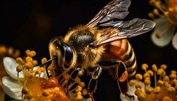bezig honing bijen plukken stuifmeel van bloemen gegenereerd door ai foto