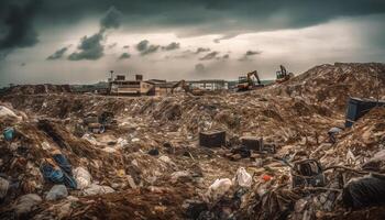 zwaar machinerie Verwijderen hoop vervuild stortplaats geruïneerd landschap gegenereerd door ai foto