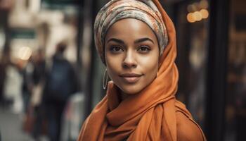 jong vrouw in hijab glimlachen vol vertrouwen buitenshuis gegenereerd door ai foto