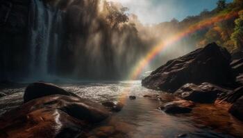 majestueus berg bereik, rustig tafereel, vloeiende water gegenereerd door ai foto