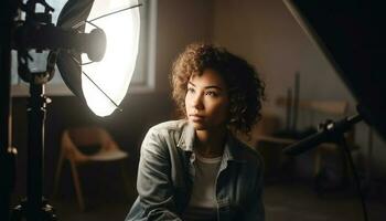 gekruld haren vrouw zitten, werken, Holding draadloze technologie gegenereerd door ai foto