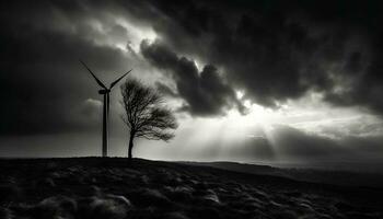 silhouet van wind turbine spinnen tegen dramatisch berg reeks backdrop gegenereerd door ai foto
