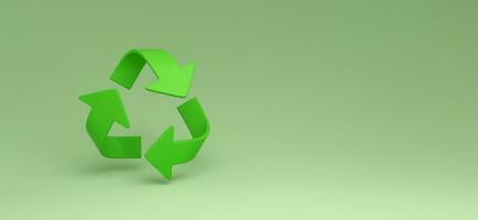 panoramisch groen recycling teken Aan groen achtergrond voor ecologisch verspilling beheer en een duurzame en zuinig levensstijl. foto