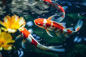 top visie van kleurrijk koi vissen in Doorzichtig water. ai generatief foto