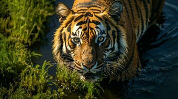 top visie van dichtbij omhoog visie van een Maleisisch tijger. dieren in het wild concept en kopiëren ruimte. foto