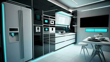 modern futuristische keuken interieur met slim huishoudelijke apparaten, muur maunted digitaal Scherm scherm, concept van slim huis en kunstmatig intelligentie. generatief ai technologie. foto