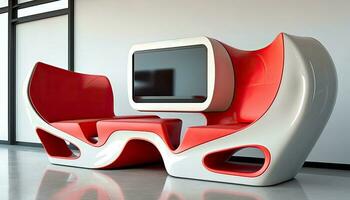 futuristische digitaal kiosk met modern stoelen in interieur ontwerp. generatief ai technologie. foto