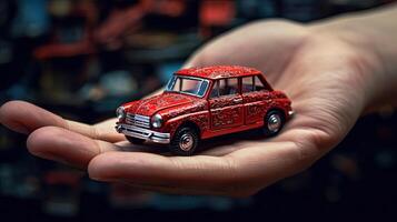 detailopname beeld van miniatuur rood auto in menselijk hand. generatief ai. foto