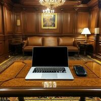 blanco Scherm laptop met digitaal muis achter sofa en verlichten tafel lampen in luxe kamer. generatief ai ethernet technologie apparaat. foto