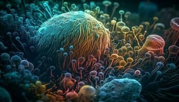 klein bacterie en virus moleculen onderwater- uitvergroot gegenereerd door ai foto
