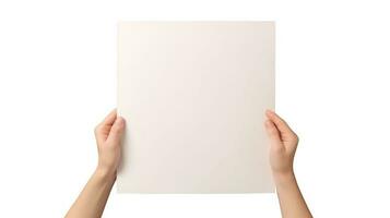 fotografie van menselijk hand- Holding blanco papier Aan wit achtergrond. foto