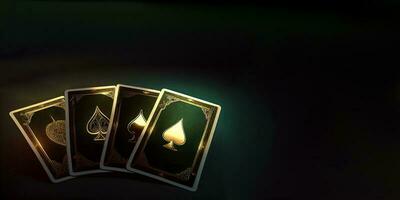 glimmend poker of spelen kaarten in gouden en groen kleur. concept van het gokken en casino spel. generatief ai. foto