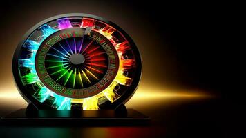 kleurrijk gloeiend lichten roulette wiel Aan smartphone scherm, online casino spel concept. generatief ai technologie. foto