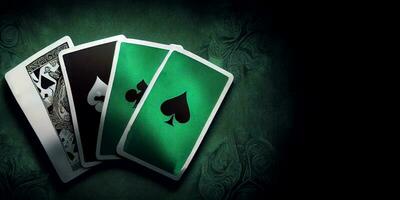 poker of spelen kaarten Aan donker groen wijnoogst floreren achtergrond. concept van gokken, casino spel. generatief ai. foto