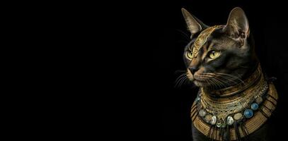 portret van een kat Aan een zwart achtergrond in een elegant kleding van een Egyptische Farao. generatief ai foto
