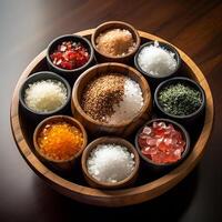 himalayan zout reeks in verschillend kleuren en maten. houten kom met specerijen en kruiden. ai gegenereerd foto