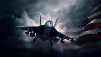 ai generatief leger vlak vliegend Aan de donker lucht met Verenigde Staten van Amerika vlag foto