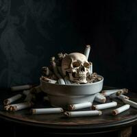 ai generatief skelet met kom vol van sigaar kont foto