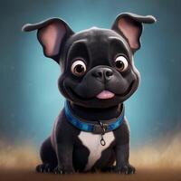 grappig Frans bulldog in tekenfilm stijl. schattig grijs puppy Aan een wazig achtergrond. zijn geschikt voor gebruik net zo een logo, symbool, bewegwijzering. generatief ai foto