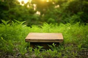 leeg houten tafel in natuur. ai generatief foto