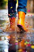 zoom in Aan een paar- van helder gekleurde regen laarzen spatten door plassen. ai generatief foto