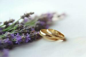 klein lavendel bloemen en twee bruiloft ringen. ai generatief foto