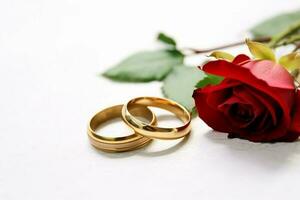 klein roos bloemen en twee bruiloft ringen. ai generatief foto