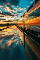 betoverend trein fotografie, beweging vervagen, reflectie, snelheid, filmisch. ai generatief foto