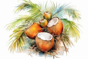 eigenzinnig kokosnoten in palm bomen in de stijl van waterverf schilderen, Aan een wit achtergrond. ai generatief foto