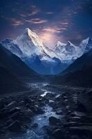 de baseren van monteren Everest van een rotsachtig grond, in de stijl van licht lucht. ai generatief foto