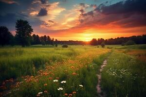 zonsondergang over- een veld- met natuur. ai generatief foto