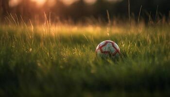 spelen voetbal Aan groen gras in zonlicht gegenereerd door ai foto