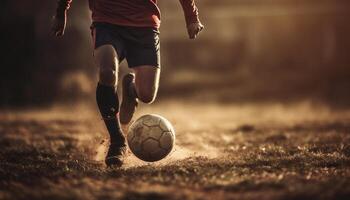 mannen schoppen voetbal bal Aan gras veld- gegenereerd door ai foto